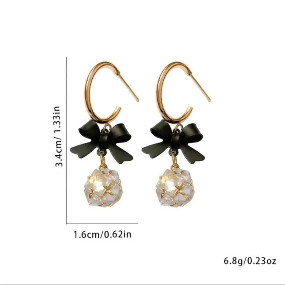 Diamond Ball Earrings with Bowknot Shape Pendant - Picture 4 of 7